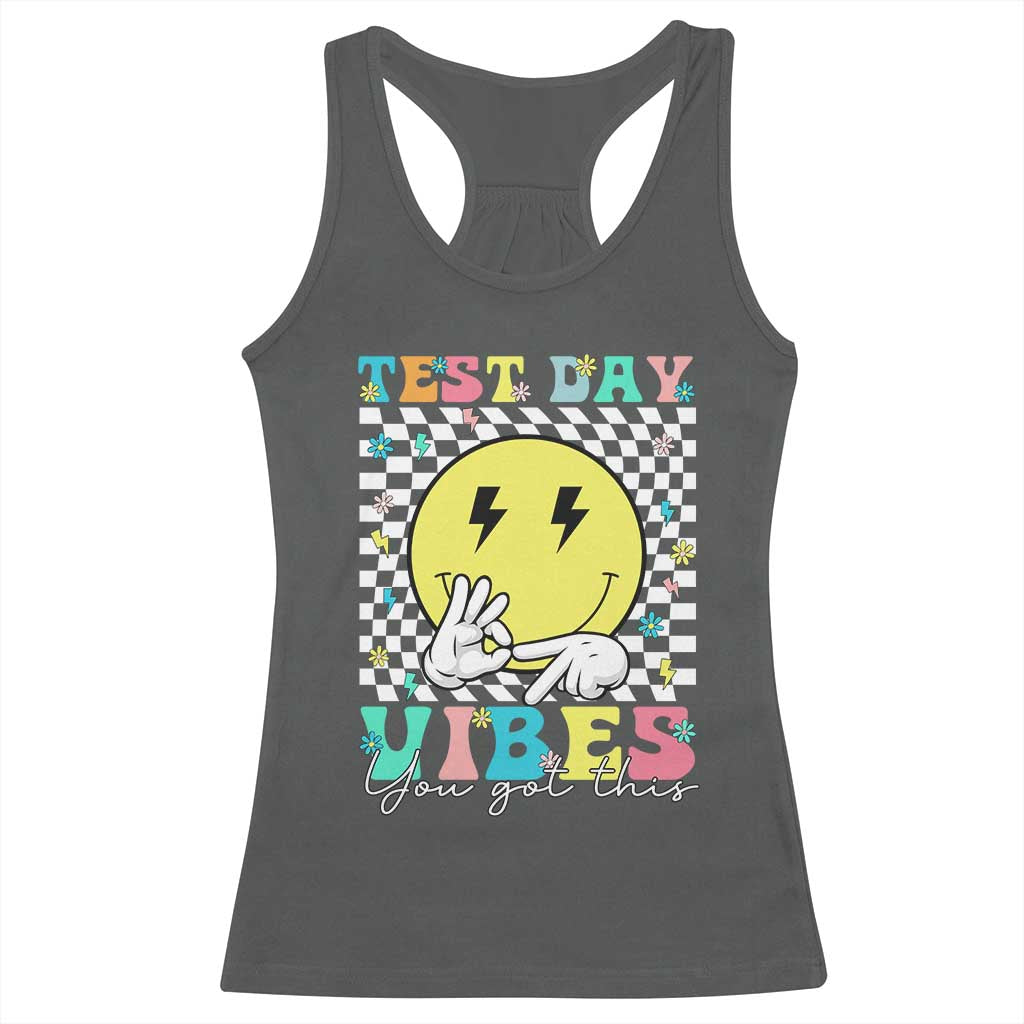 Test Day 67 Meme Racerback Tank Top You Got This Testing Teacher Retro Grooves TS11 Dark Heather Print Your Wear