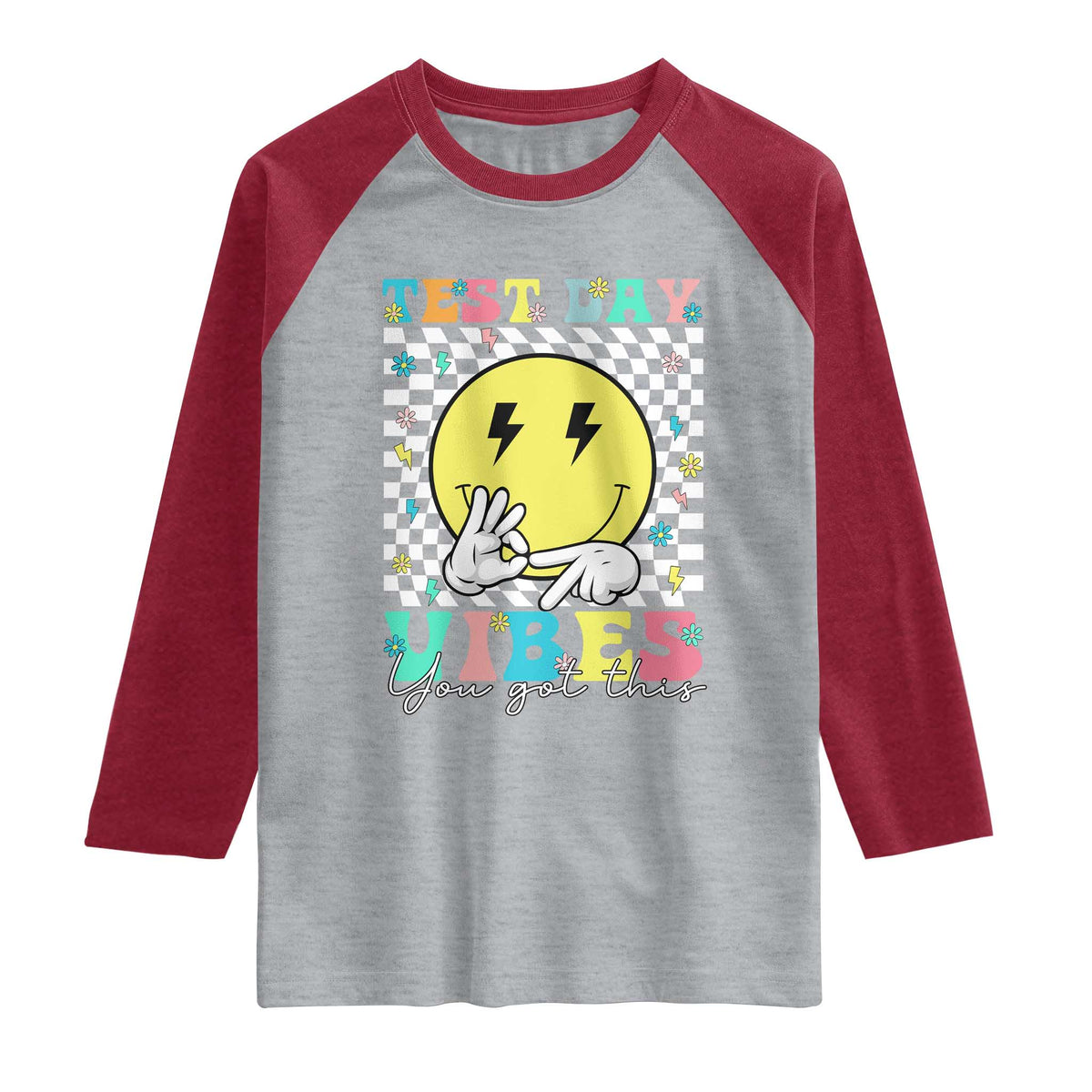 Test Day 67 Meme Raglan Shirt You Got This Testing Teacher Retro Grooves TS11 Heather Gray Heather Red Print Your Wear