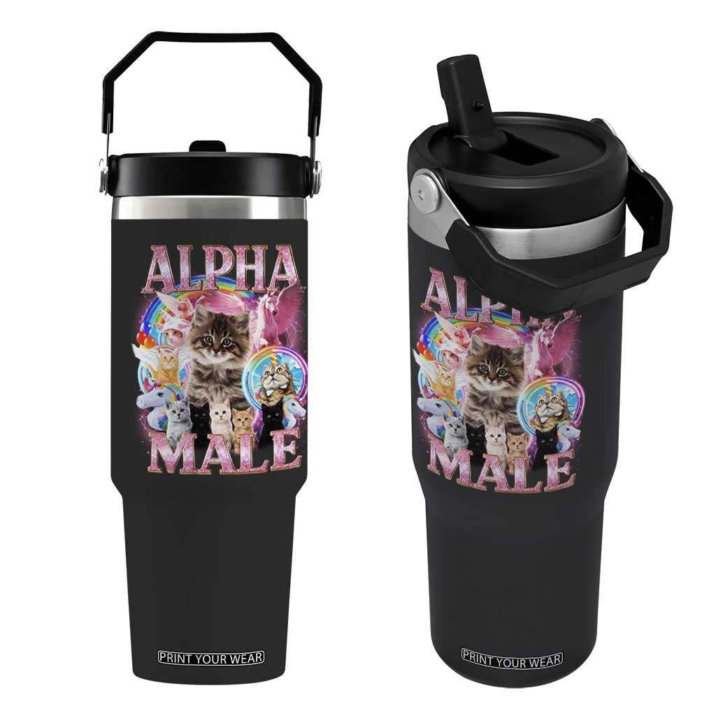 Alpha Male Cat Flip Straw Tumbler Funny Rainbow Kitten Meme Bootleg TS11 One Size: 30 oz Black Print Your Wear