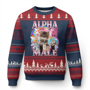 Alpha Male Cat Ugly Christmas Sweater Funny Rainbow Kitten Meme Bootleg TS11 Navy Red Print Your Wear