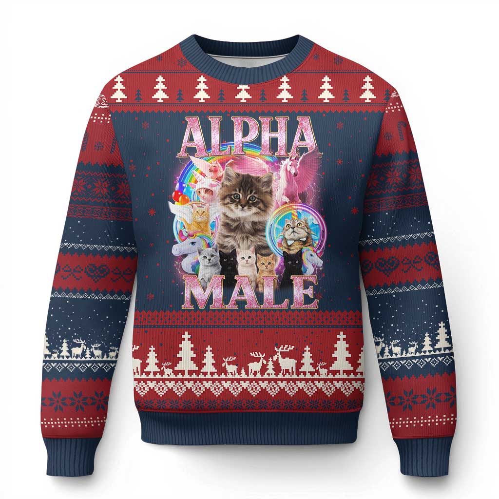 Alpha Male Cat Ugly Christmas Sweater Funny Rainbow Kitten Meme Bootleg TS11 Navy Red Print Your Wear
