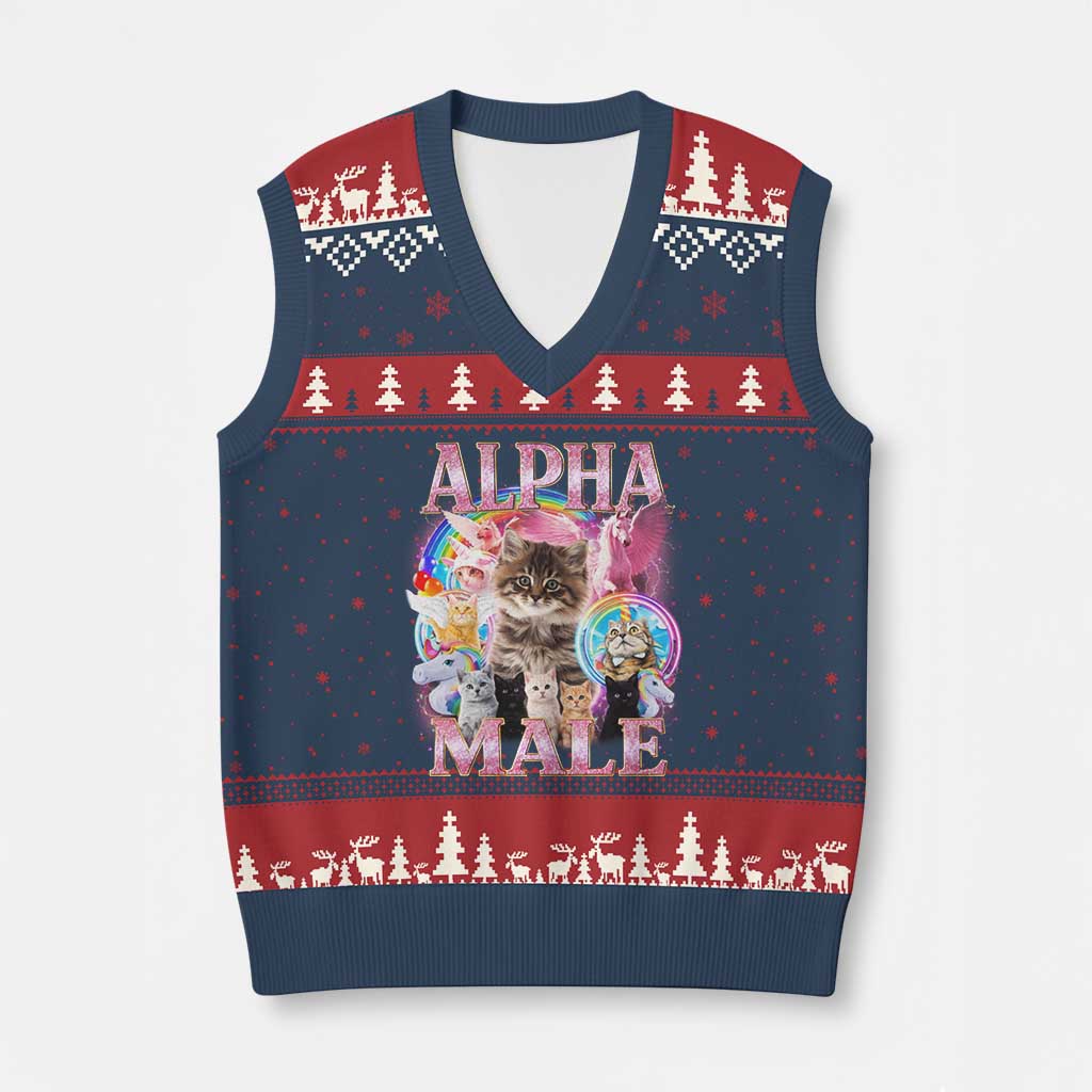 Alpha Male Cat V-Neck Knit Sweater Vest Funny Rainbow Kitten Meme Bootleg TS11 Navy Red Print Your Wear