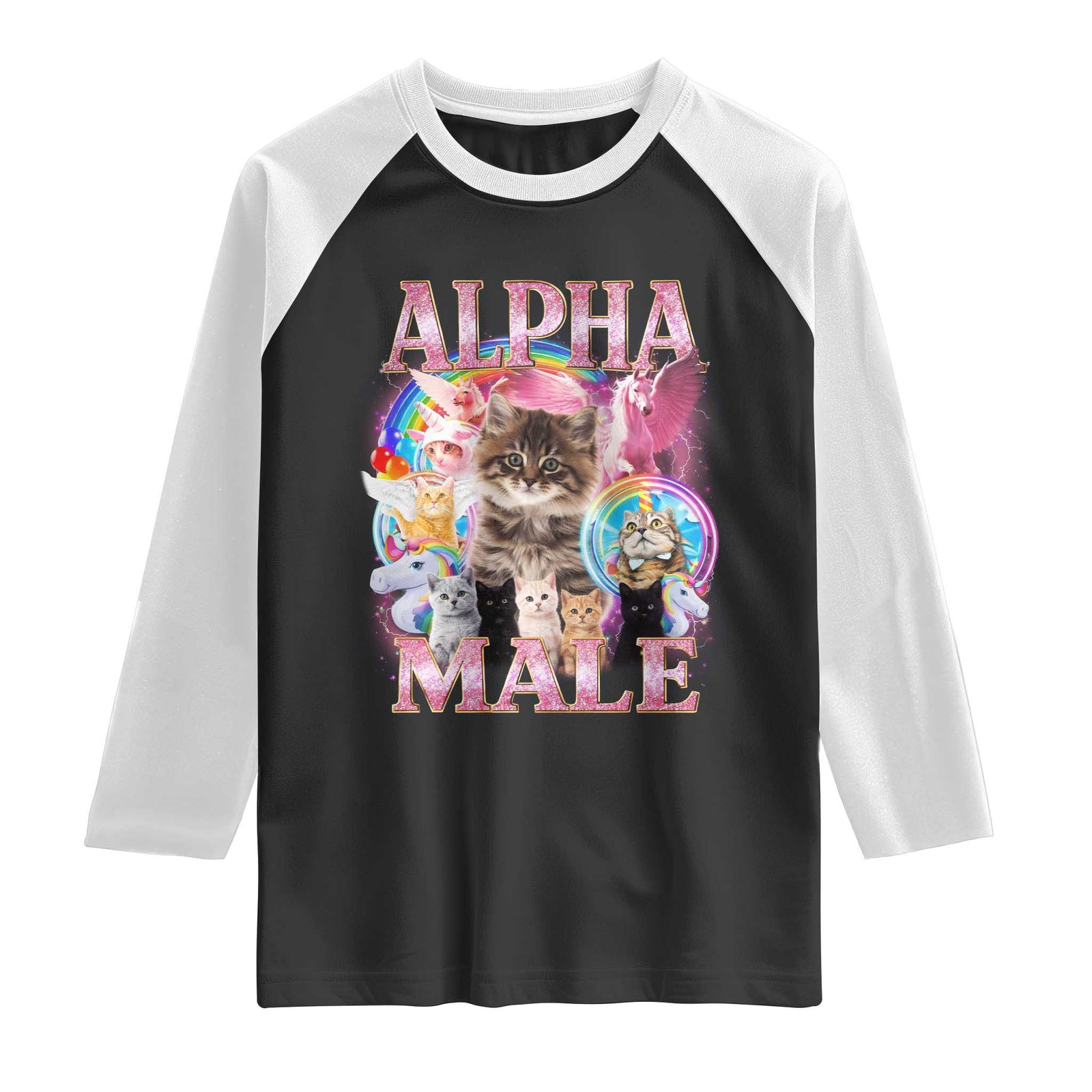 Alpha Male Cat Raglan Shirt Funny Rainbow Kitten Meme Bootleg TS11 Black White Print Your Wear
