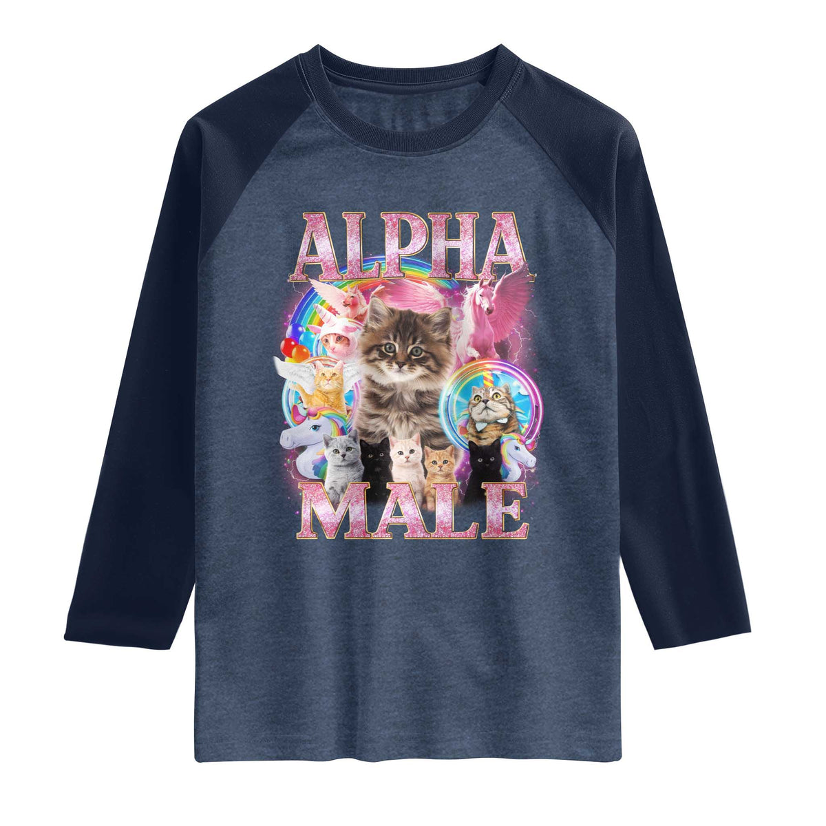 Alpha Male Cat Raglan Shirt Funny Rainbow Kitten Meme Bootleg TS11 Heather Denim Navy Print Your Wear