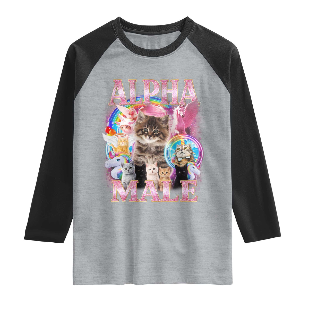 Alpha Male Cat Raglan Shirt Funny Rainbow Kitten Meme Bootleg TS11 Heather Gray Black Print Your Wear