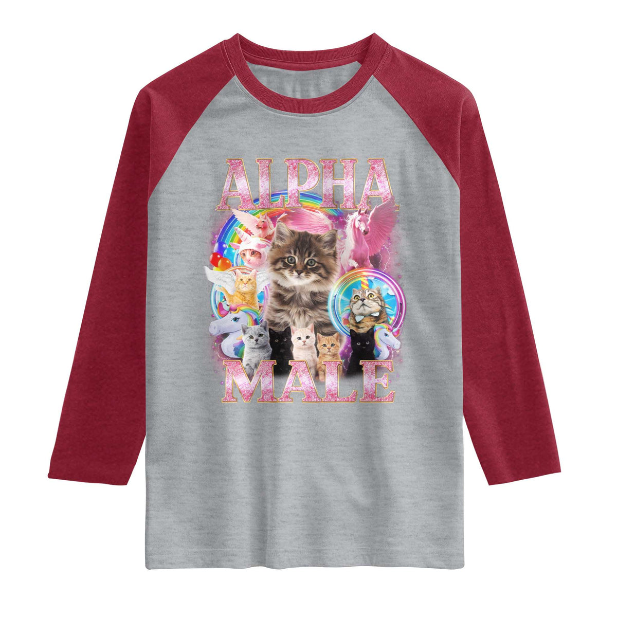 Alpha Male Cat Raglan Shirt Funny Rainbow Kitten Meme Bootleg TS11 Heather Gray Heather Red Print Your Wear