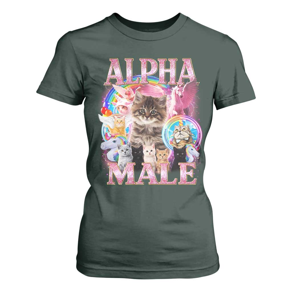 Alpha Male Cat T Shirt For Women Funny Rainbow Kitten Meme Bootleg TS11 Dark Forest Green Print Your Wear