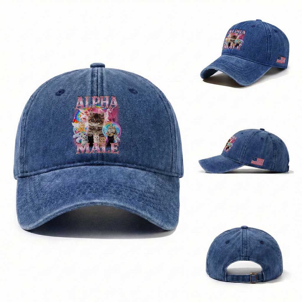 Alpha Male Cat Washed Cotton Baseball Cap Funny Rainbow Kitten Meme Bootleg TS11 Washed Cap Universal Fit Royal Blue Print Your Wear