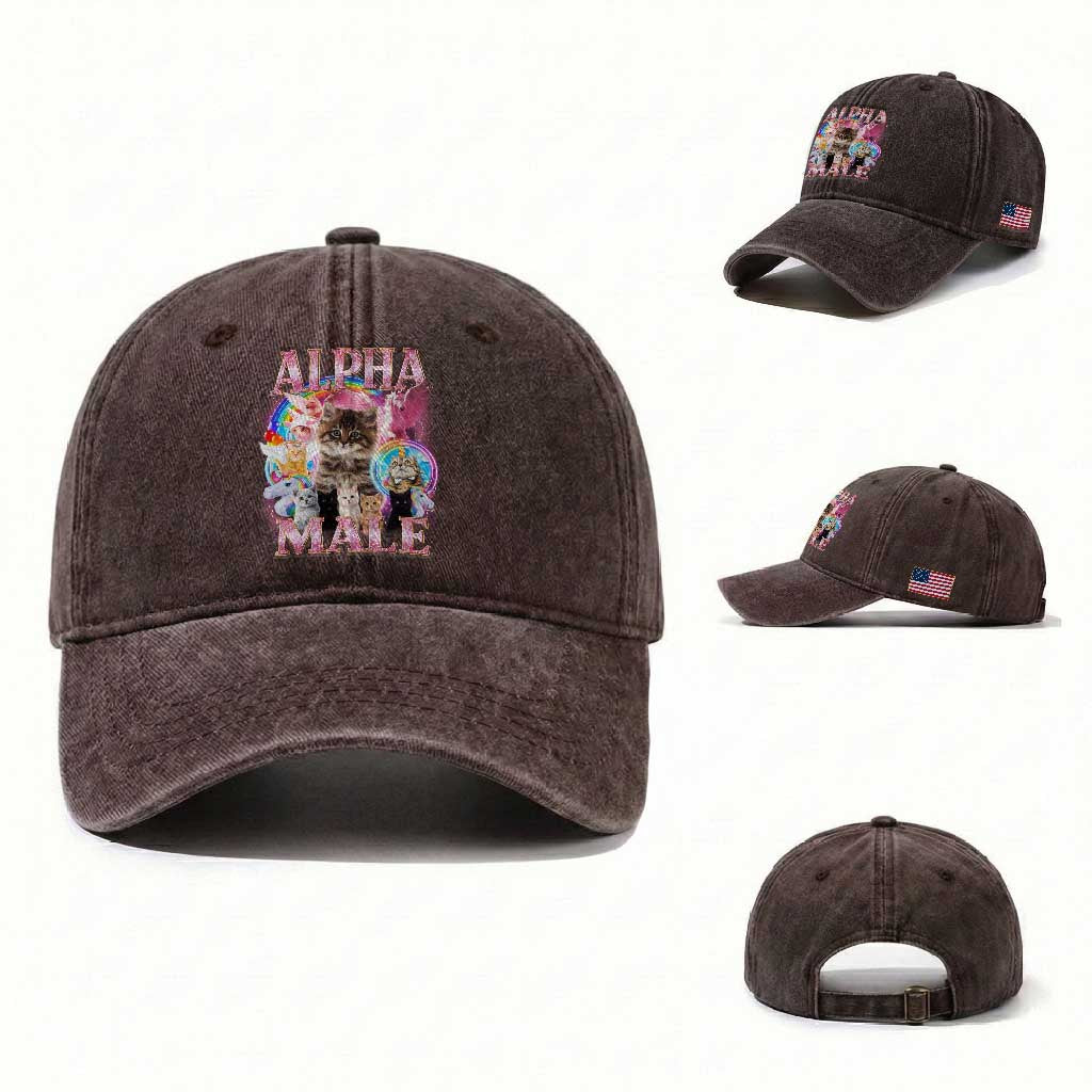 Alpha Male Cat Washed Cotton Baseball Cap Funny Rainbow Kitten Meme Bootleg TS11 Washed Cap Universal Fit Dark Brown Print Your Wear