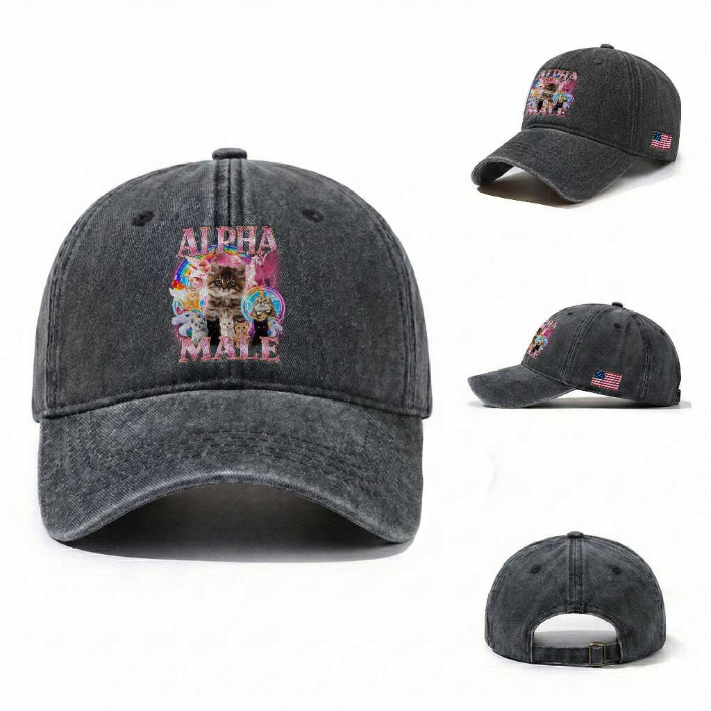 Alpha Male Cat Washed Cotton Baseball Cap Funny Rainbow Kitten Meme Bootleg TS11 Washed Cap Universal Fit Dark Gray Print Your Wear