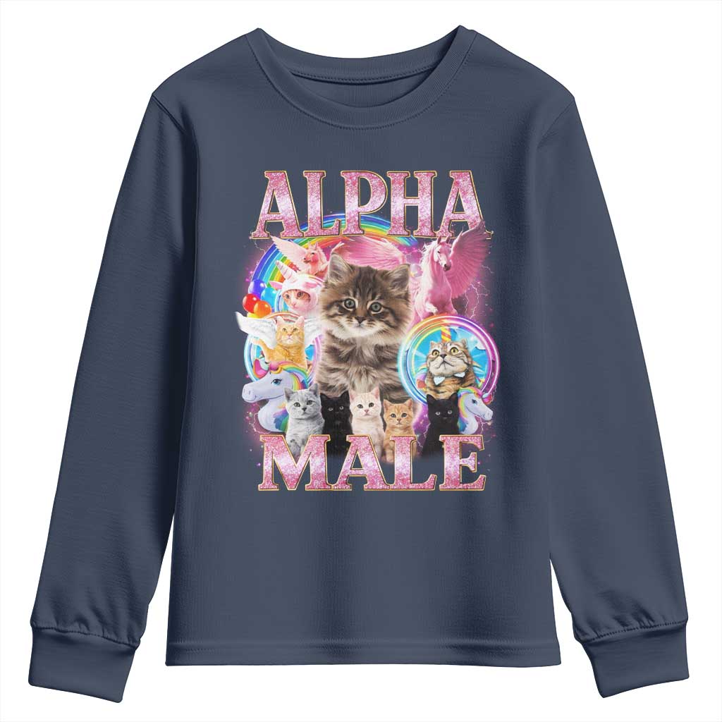 Alpha Male Cat Youth Sweatshirt Funny Rainbow Kitten Meme Bootleg TS11 Navy Print Your Wear