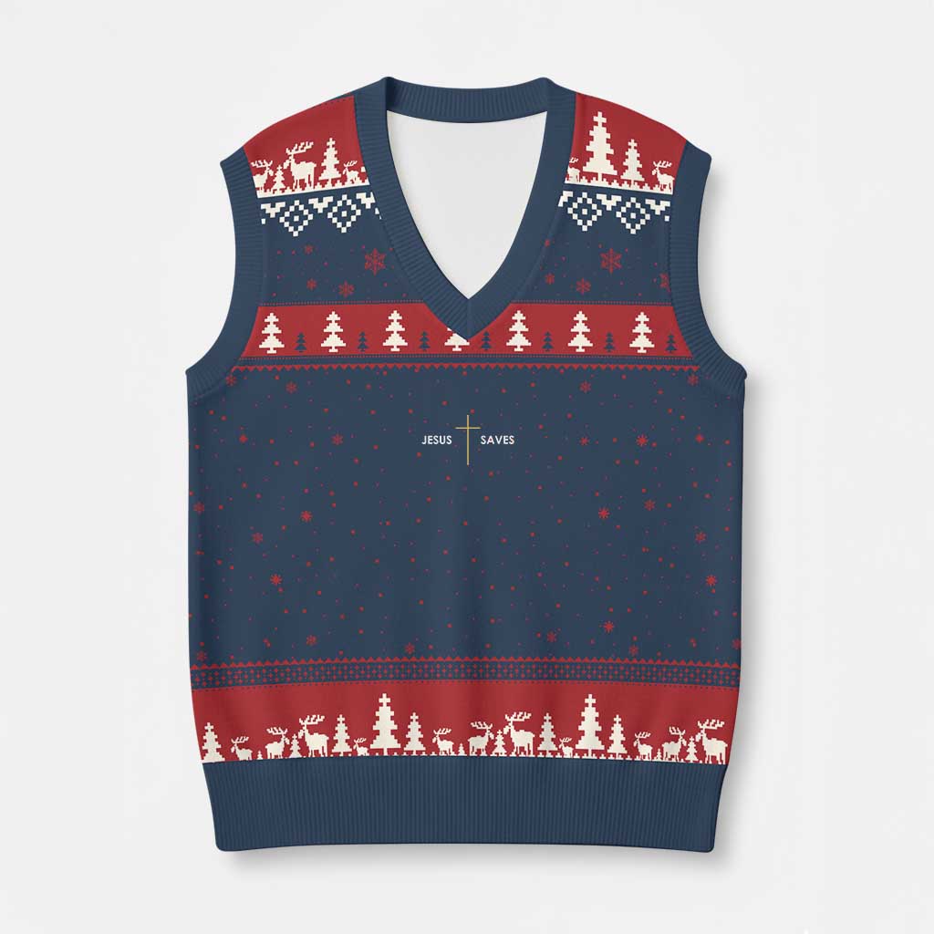 Jesus Saves V-Neck Knit Sweater Vest Cross Subtle Christian Minimal Religious Faith