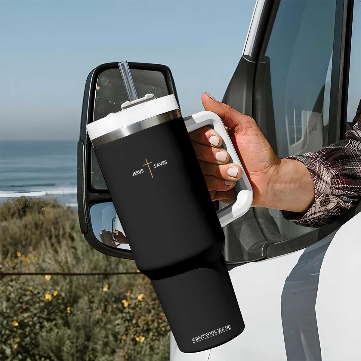 Jesus Saves Tumbler With Handle Cross Subtle Christian Minimal Religious Faith