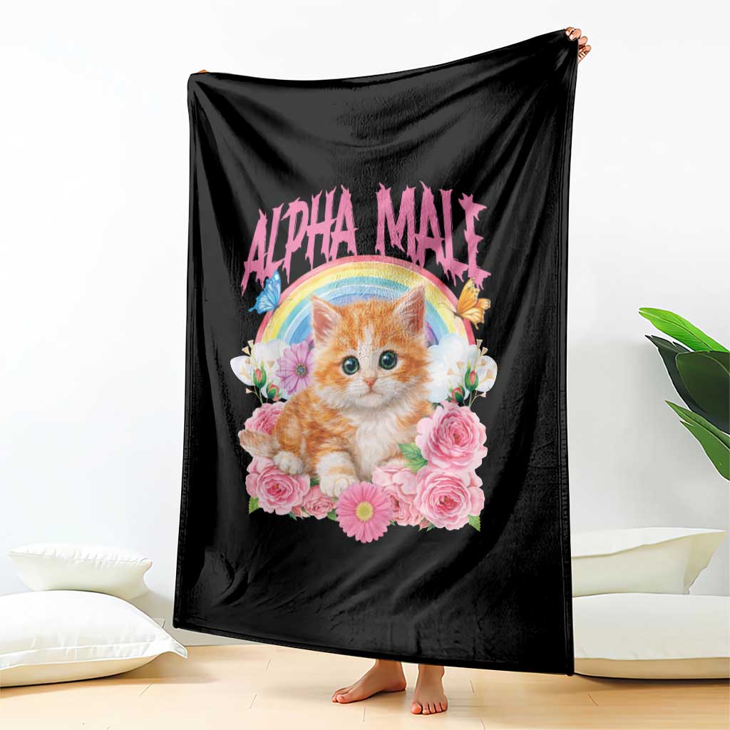 Alpha Male Funny Cat Throw Blanket Vintage 90s Kitten Rainbow Floral Butterflies