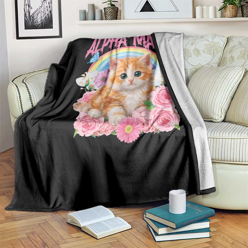 Alpha Male Funny Cat Throw Blanket Vintage 90s Kitten Rainbow Floral Butterflies