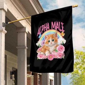 Alpha Male Funny Cat Garden Flag Vintage 90s Kitten Rainbow Floral Butterflies