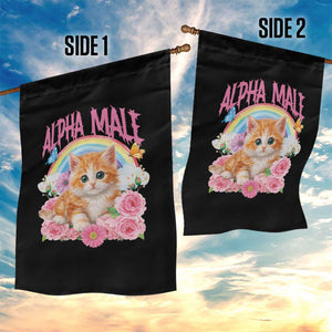 Alpha Male Funny Cat Garden Flag Vintage 90s Kitten Rainbow Floral Butterflies