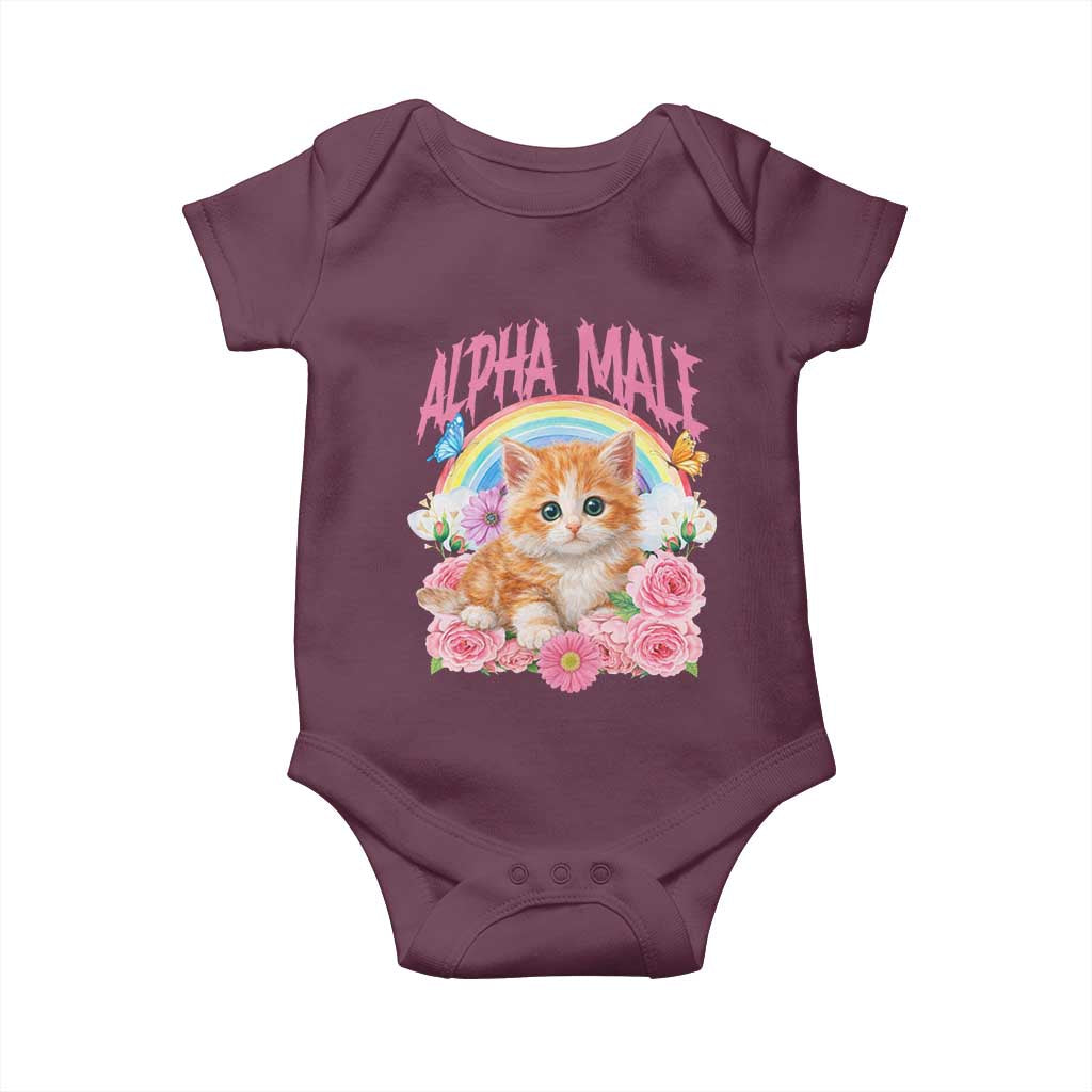 Alpha Male Funny Cat Baby Onesie Vintage 90s Kitten Rainbow Floral Butterflies