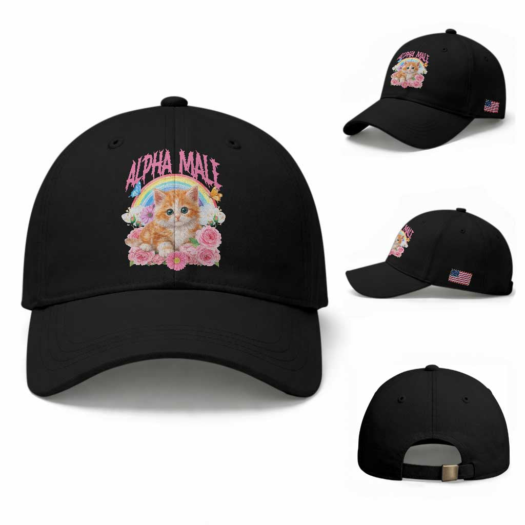 Alpha Male Funny Cat Baseball Cap Vintage 90s Kitten Rainbow Floral Butterflies