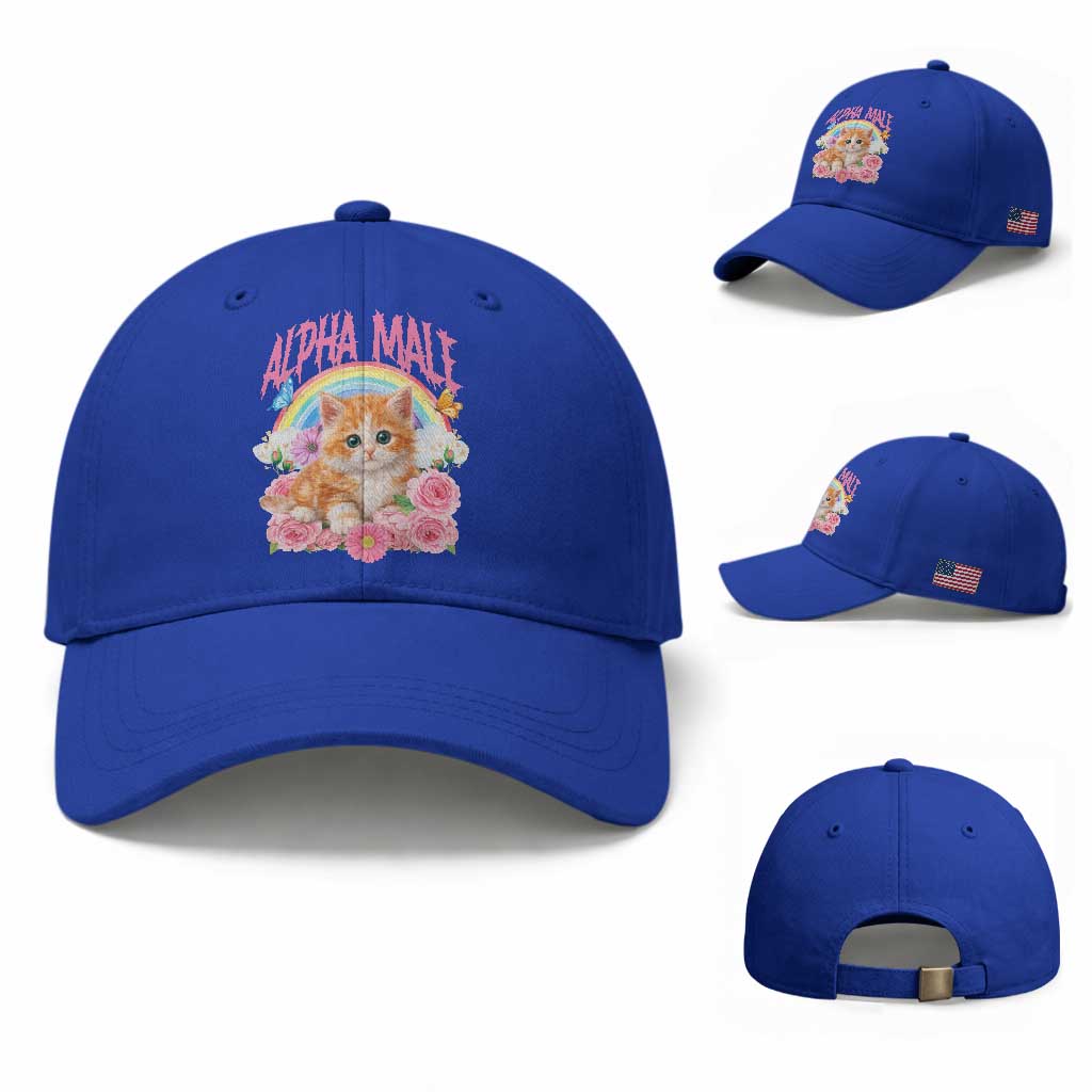 Alpha Male Funny Cat Baseball Cap Vintage 90s Kitten Rainbow Floral Butterflies