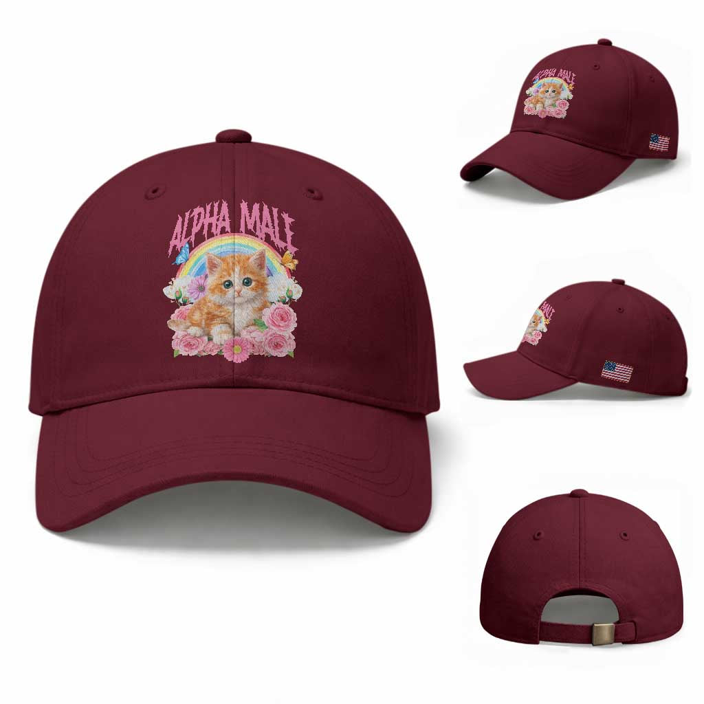Alpha Male Funny Cat Baseball Cap Vintage 90s Kitten Rainbow Floral Butterflies