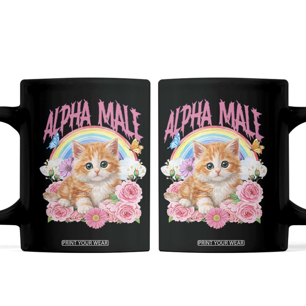 Alpha Male Funny Cat Coffee Mug Vintage 90s Kitten Rainbow Floral Butterflies