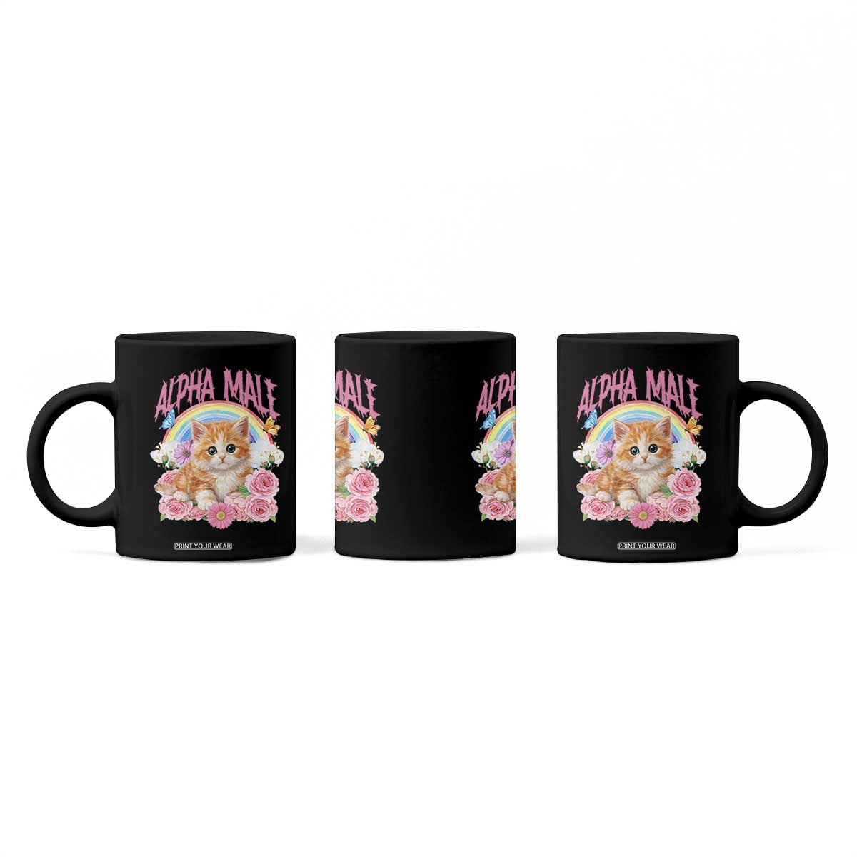 Alpha Male Funny Cat Coffee Mug Vintage 90s Kitten Rainbow Floral Butterflies