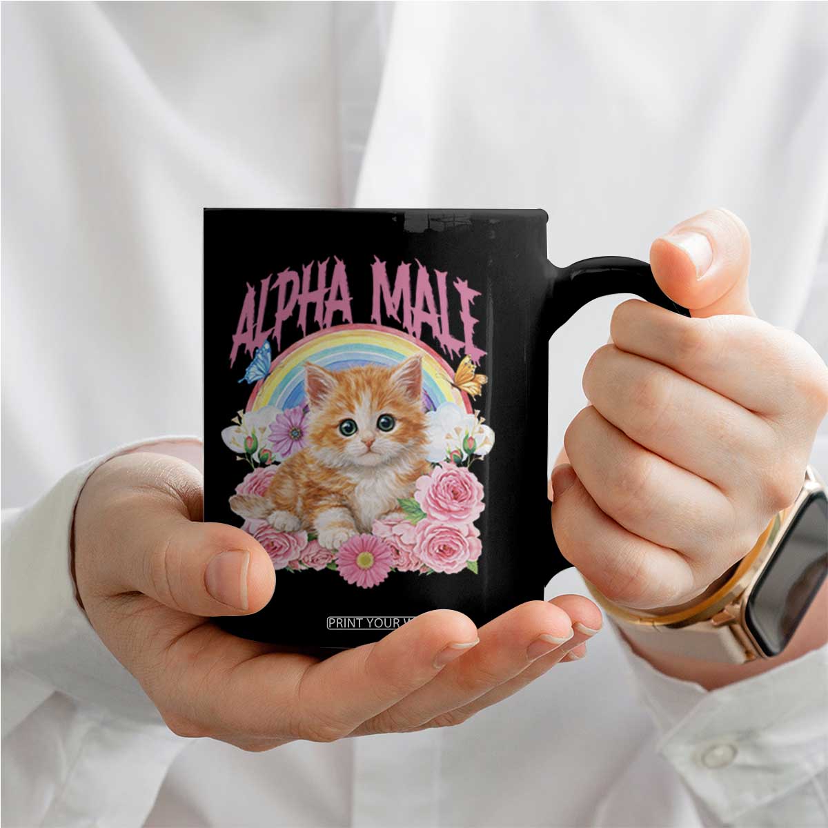 Alpha Male Funny Cat Coffee Mug Vintage 90s Kitten Rainbow Floral Butterflies