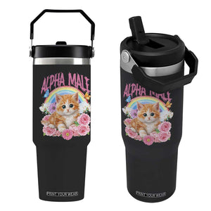 Alpha Male Funny Cat Flip Straw Tumbler Vintage 90s Kitten Rainbow Floral Butterflies