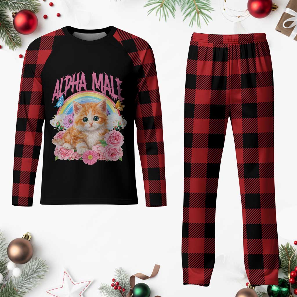 Alpha Male Funny Cat Plaid Pajama Set Vintage 90s Kitten Rainbow Floral Butterflies