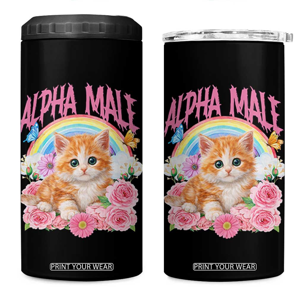 Alpha Male Funny Cat 4 in 1 Can Cooler Tumbler Vintage 90s Kitten Rainbow Floral Butterflies