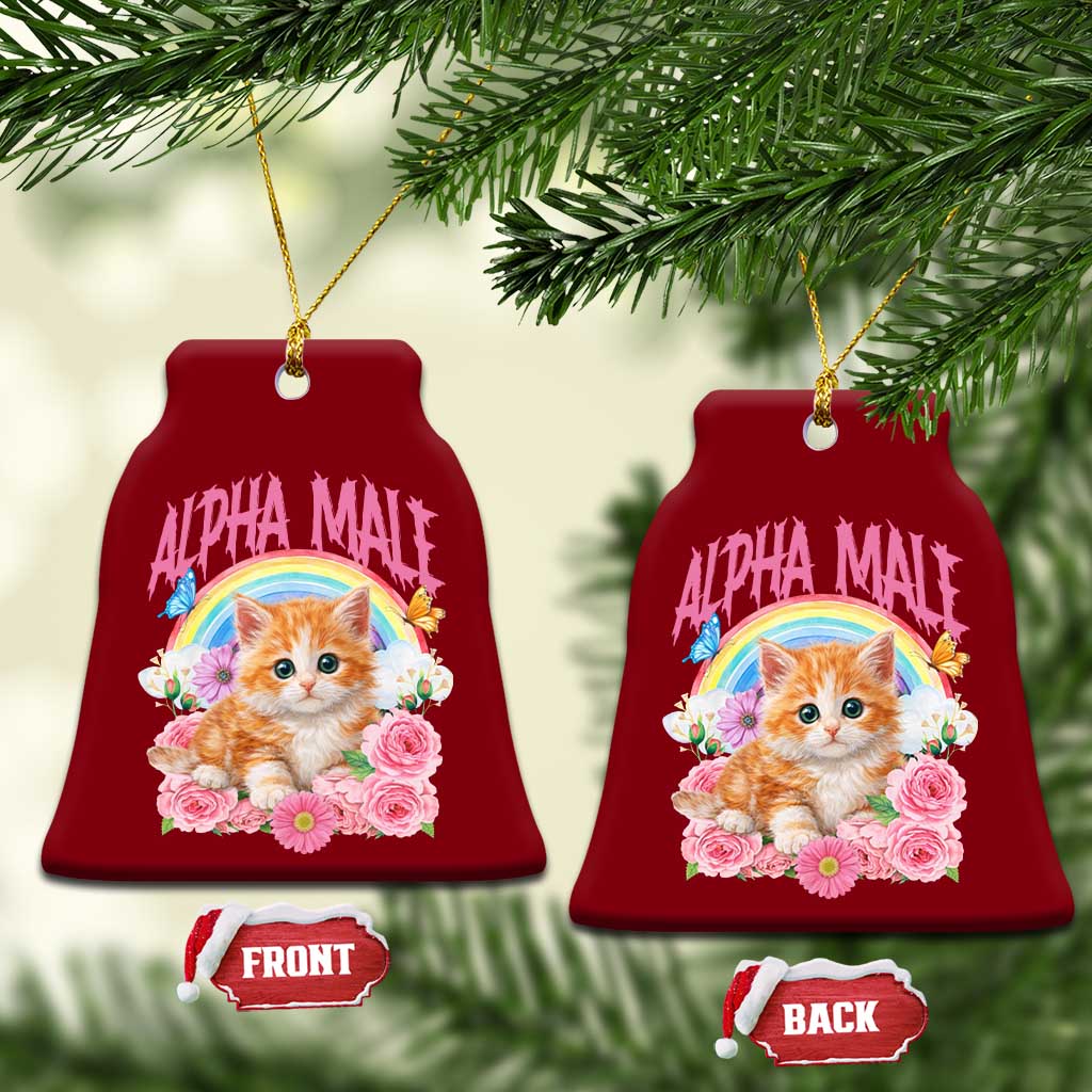 Alpha Male Funny Cat Ceramic Ornament Vintage 90s Kitten Rainbow Floral Butterflies