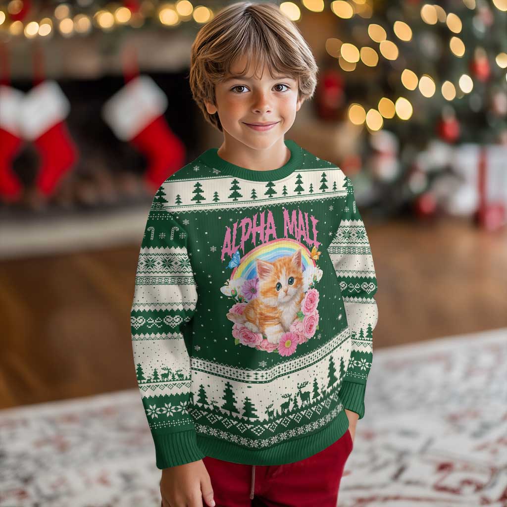 Alpha Male Funny Cat Ugly Christmas Sweater Vintage 90s Kitten Rainbow Floral Butterflies