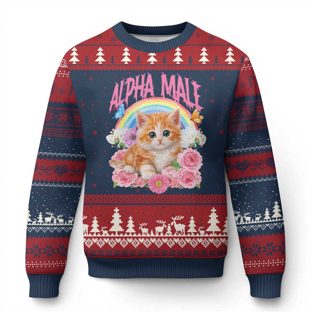 Alpha Male Funny Cat Ugly Christmas Sweater Vintage 90s Kitten Rainbow Floral Butterflies TS11 Navy Red Print Your Wear