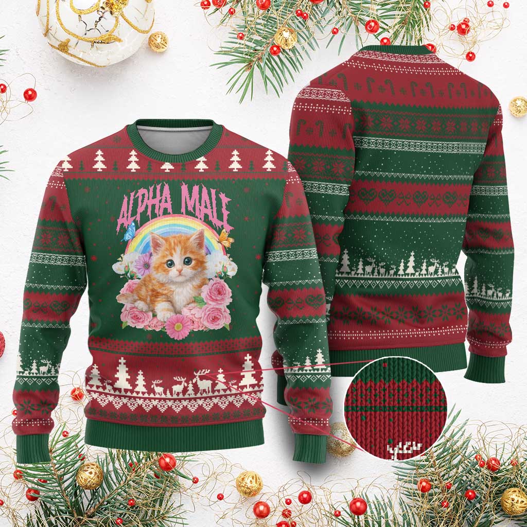 Alpha Male Funny Cat Ugly Christmas Sweater Vintage 90s Kitten Rainbow Floral Butterflies