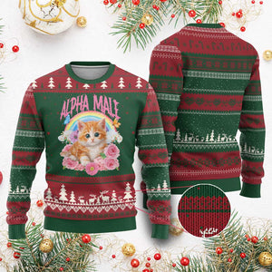 Alpha Male Funny Cat Ugly Christmas Sweater Vintage 90s Kitten Rainbow Floral Butterflies