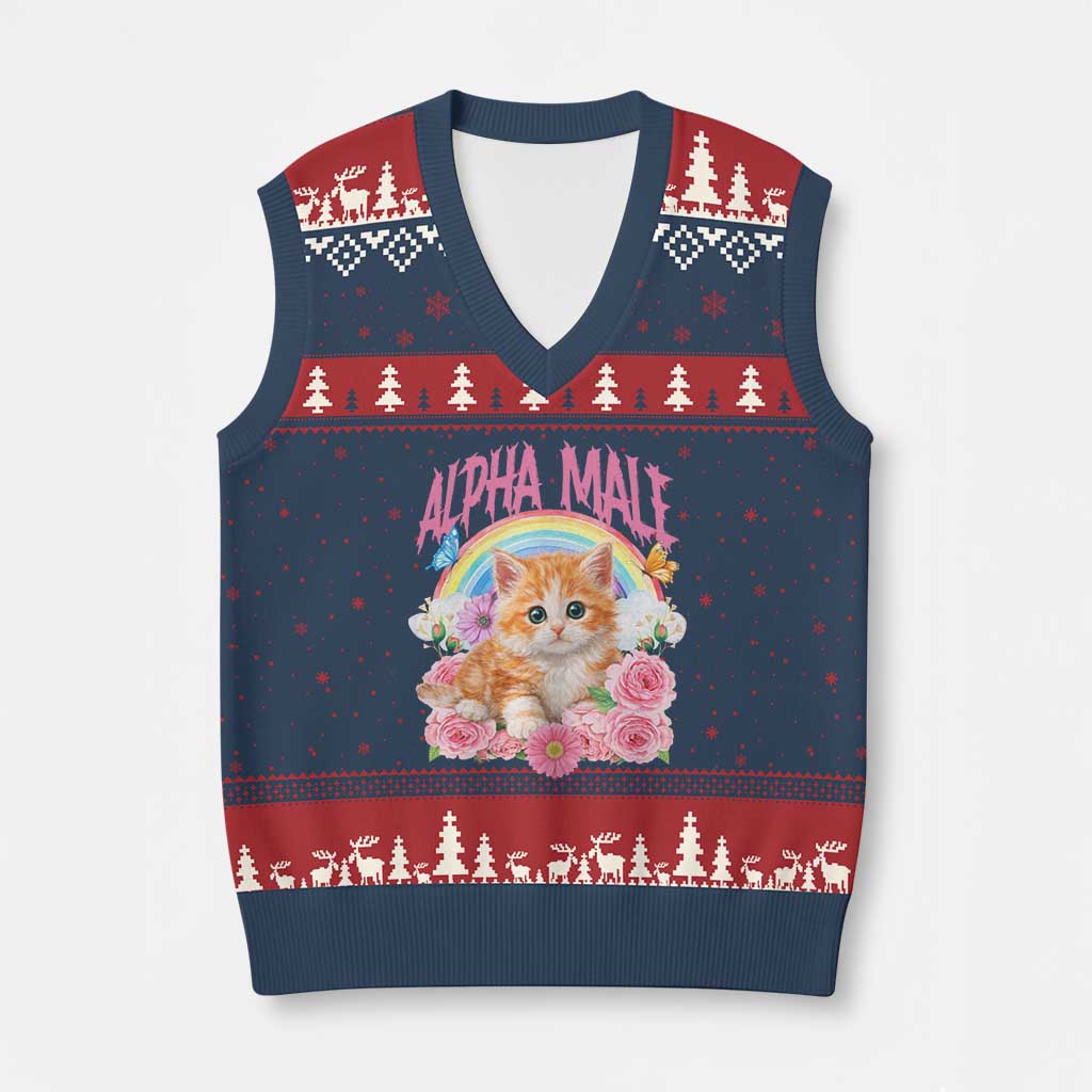 Alpha Male Funny Cat V-Neck Knit Sweater Vest Vintage 90s Kitten Rainbow Floral Butterflies TS11 Navy Red Print Your Wear