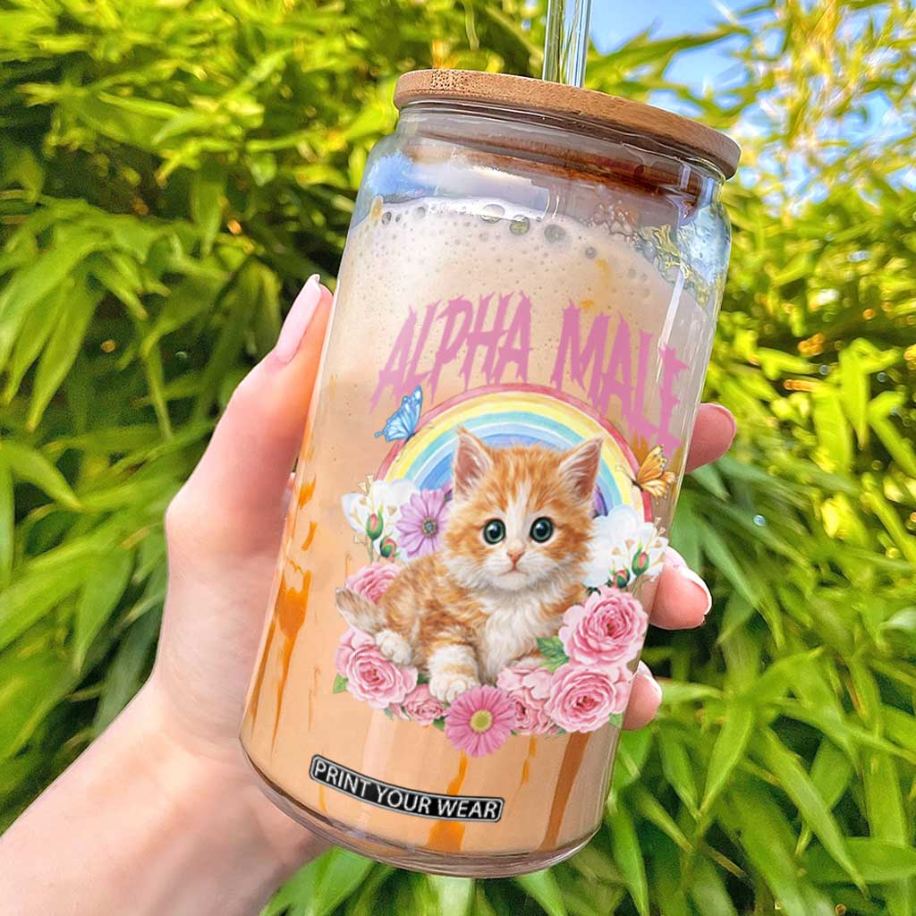 Alpha Male Funny Cat Glass Can Vintage 90s Kitten Rainbow Floral Butterflies