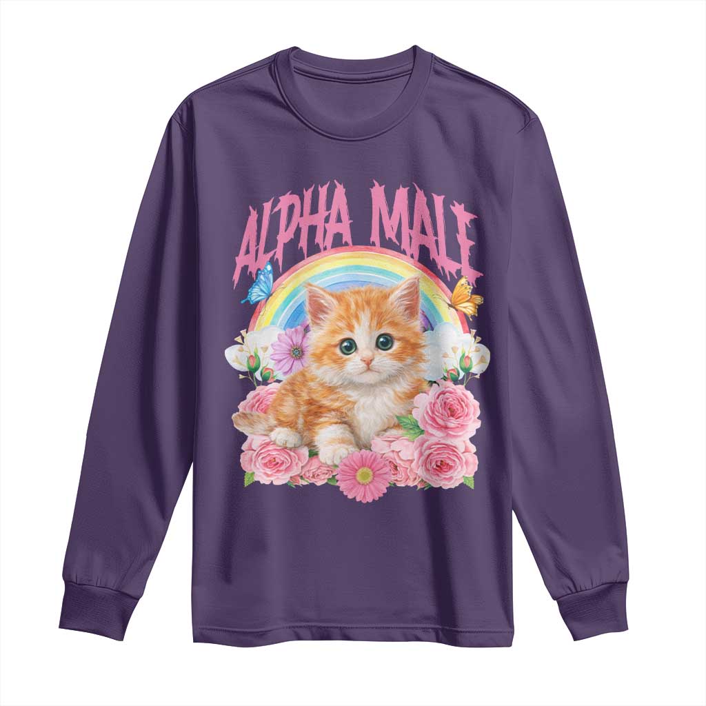 Alpha Male Funny Cat Long Sleeve Shirt Vintage 90s Kitten Rainbow Floral Butterflies