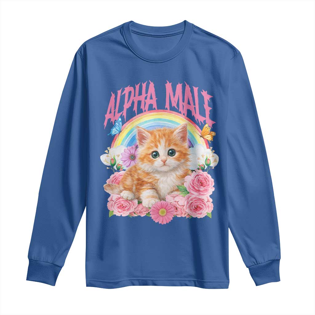 Alpha Male Funny Cat Long Sleeve Shirt Vintage 90s Kitten Rainbow Floral Butterflies