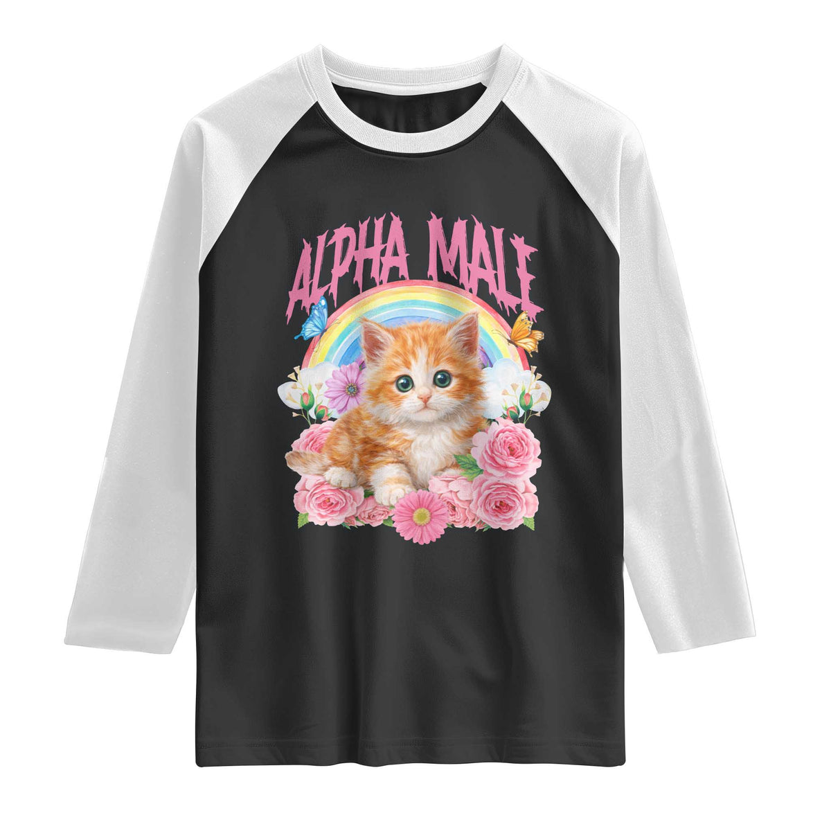 Alpha Male Funny Cat Raglan Shirt Vintage 90s Kitten Rainbow Floral Butterflies