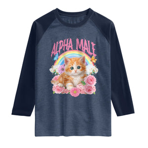 Alpha Male Funny Cat Raglan Shirt Vintage 90s Kitten Rainbow Floral Butterflies