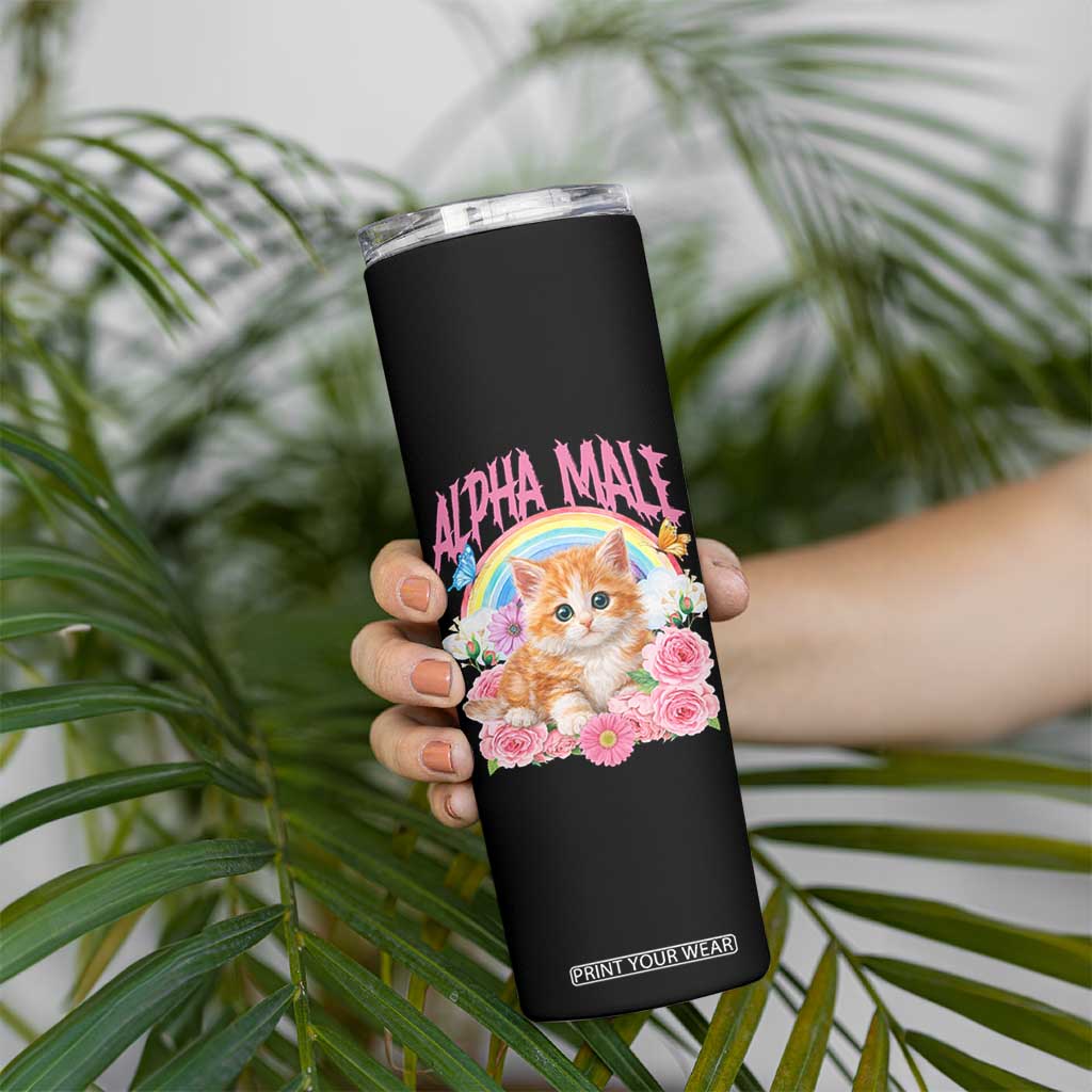 Alpha Male Funny Cat Skinny Tumbler Vintage 90s Kitten Rainbow Floral Butterflies