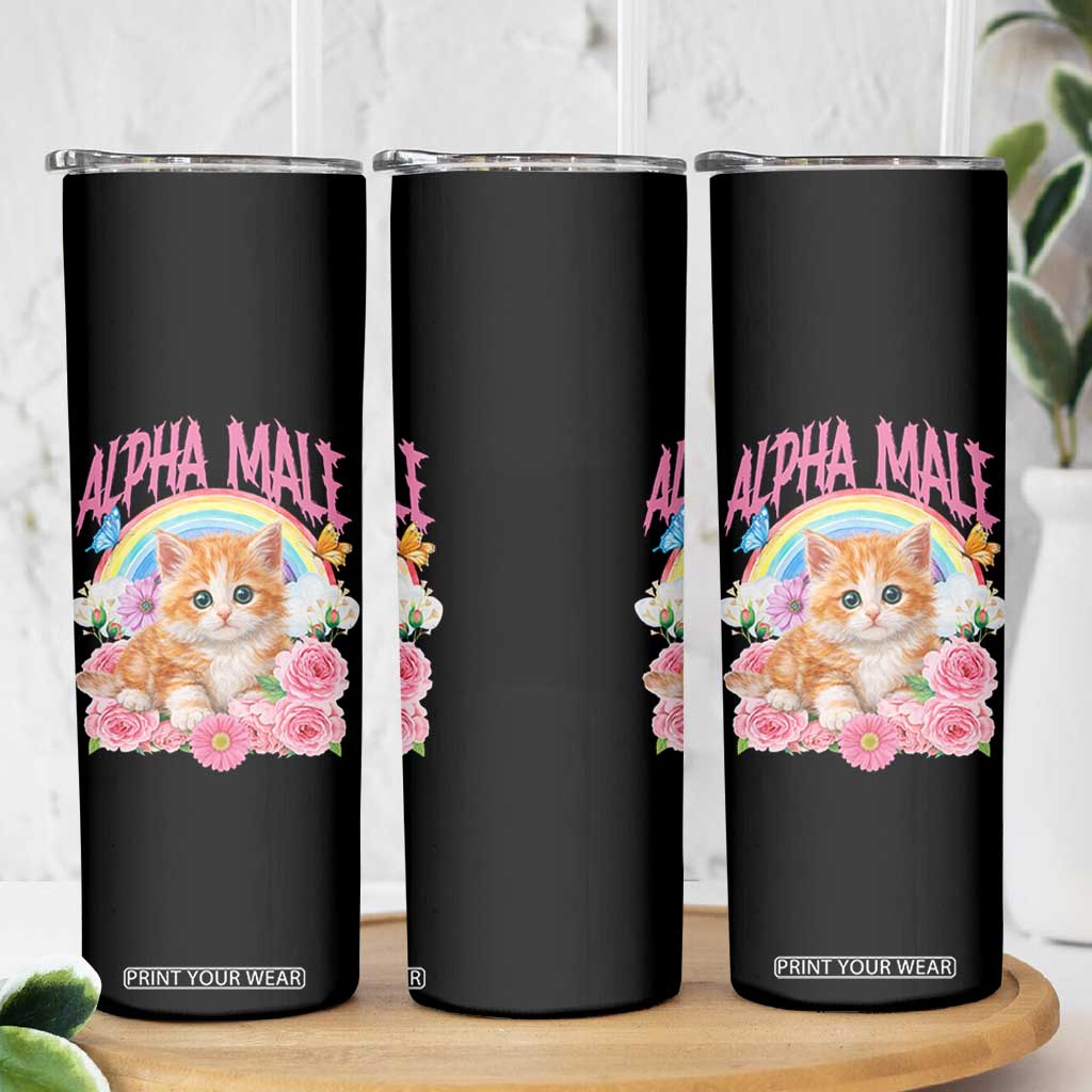 Alpha Male Funny Cat Skinny Tumbler Vintage 90s Kitten Rainbow Floral Butterflies