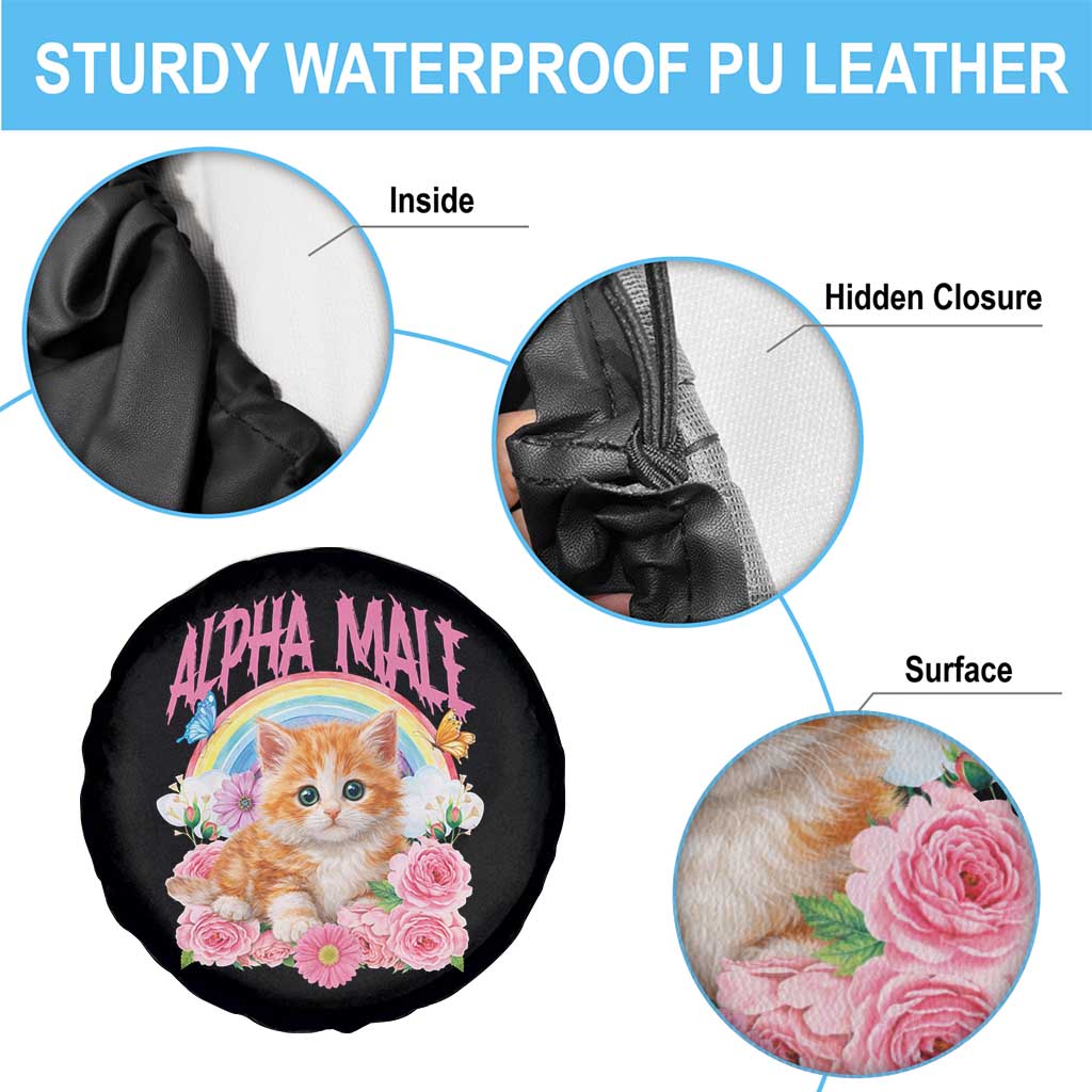 Alpha Male Funny Cat Spare Tire Cover Vintage 90s Kitten Rainbow Floral Butterflies