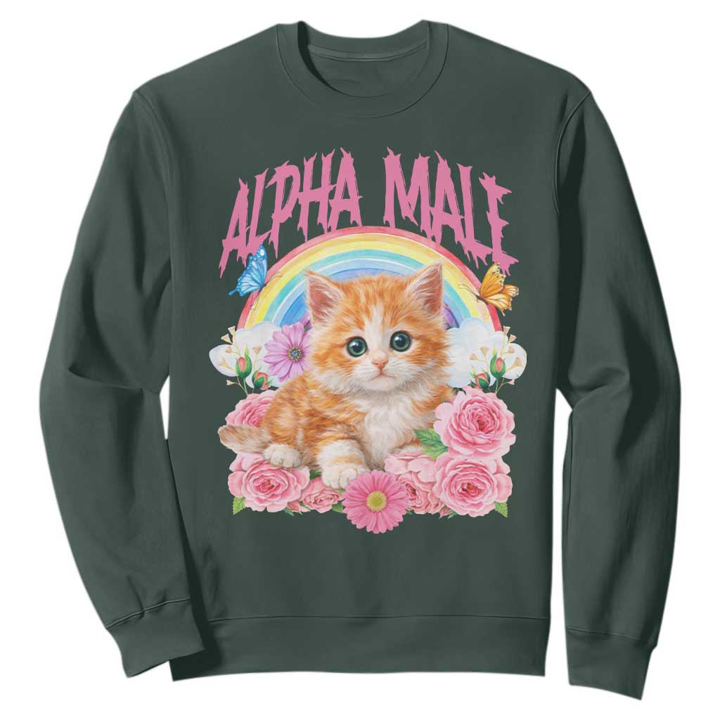 Alpha Male Funny Cat Sweatshirt Vintage 90s Kitten Rainbow Floral Butterflies