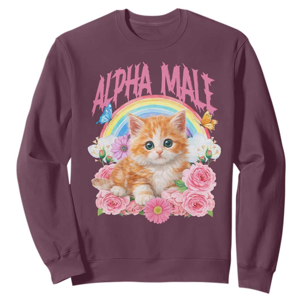 Alpha Male Funny Cat Sweatshirt Vintage 90s Kitten Rainbow Floral Butterflies