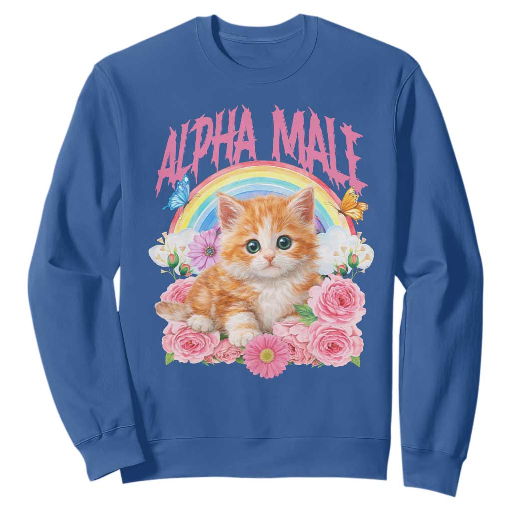 Alpha Male Funny Cat Sweatshirt Vintage 90s Kitten Rainbow Floral Butterflies