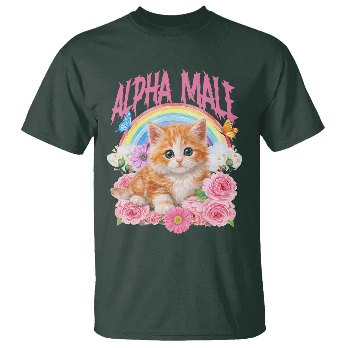 Alpha Male Funny Cat T Shirt Vintage 90s Kitten Rainbow Floral Butterflies