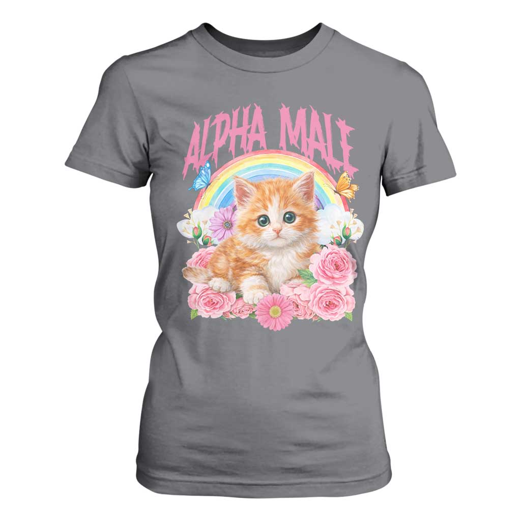 Alpha Male Funny Cat T Shirt For Women Vintage 90s Kitten Rainbow Floral Butterflies